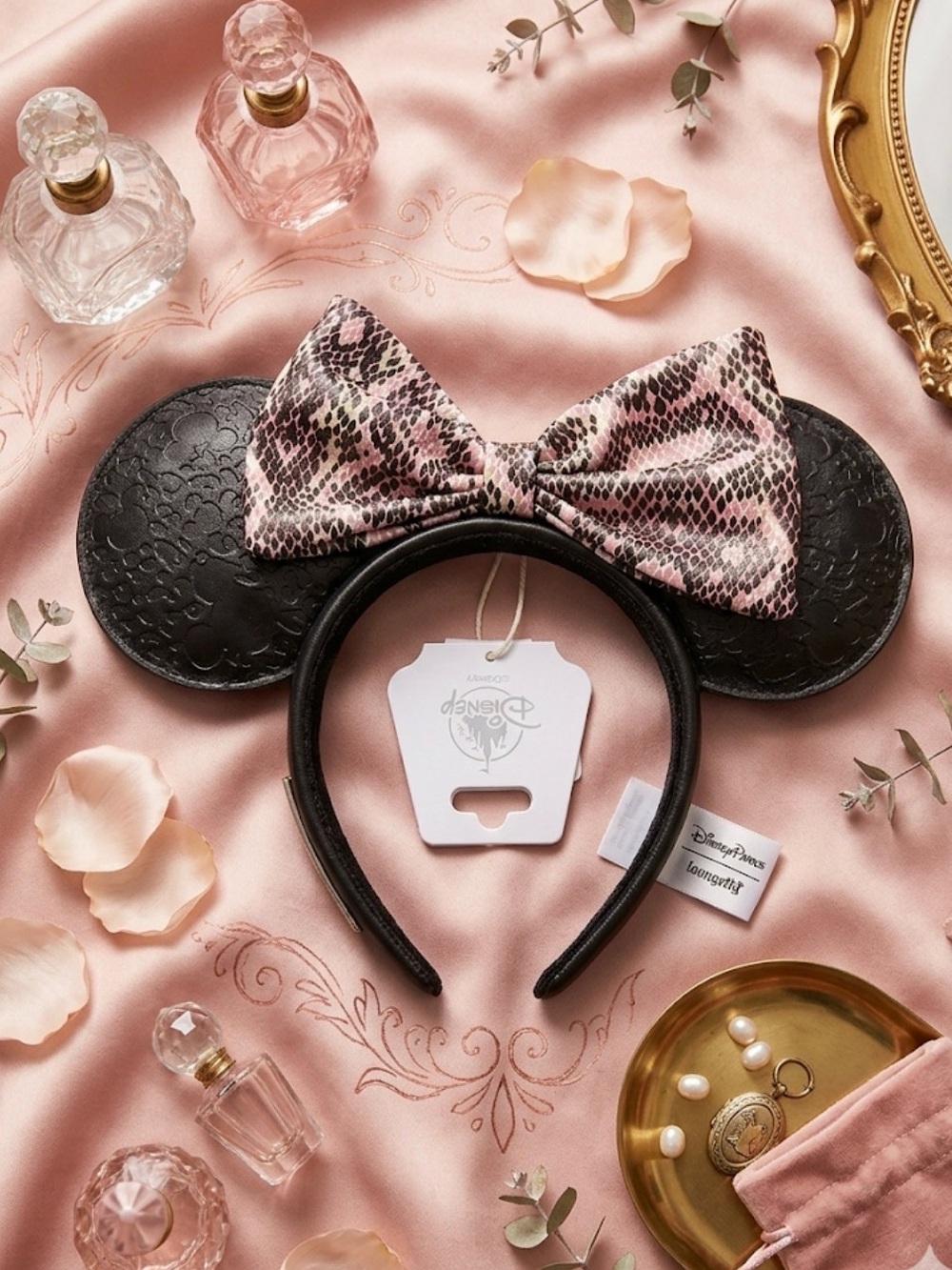 Disney loungefly Black Minnie Ears Headband with Pink Snake-Print Bow